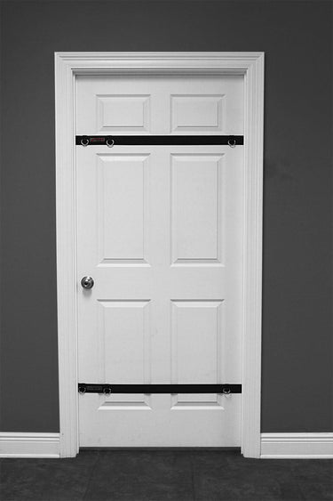 Resistance Band Door anchors for indoors. Fits Wide to narrow doors and comes with 2 straps. Each strap has heavy duty velcro and is made of non-slip and non-damaging custom woven  webbing. This anchor has 3 anchor points per strap so it fits all door sizes easily and allows a variety of uses.